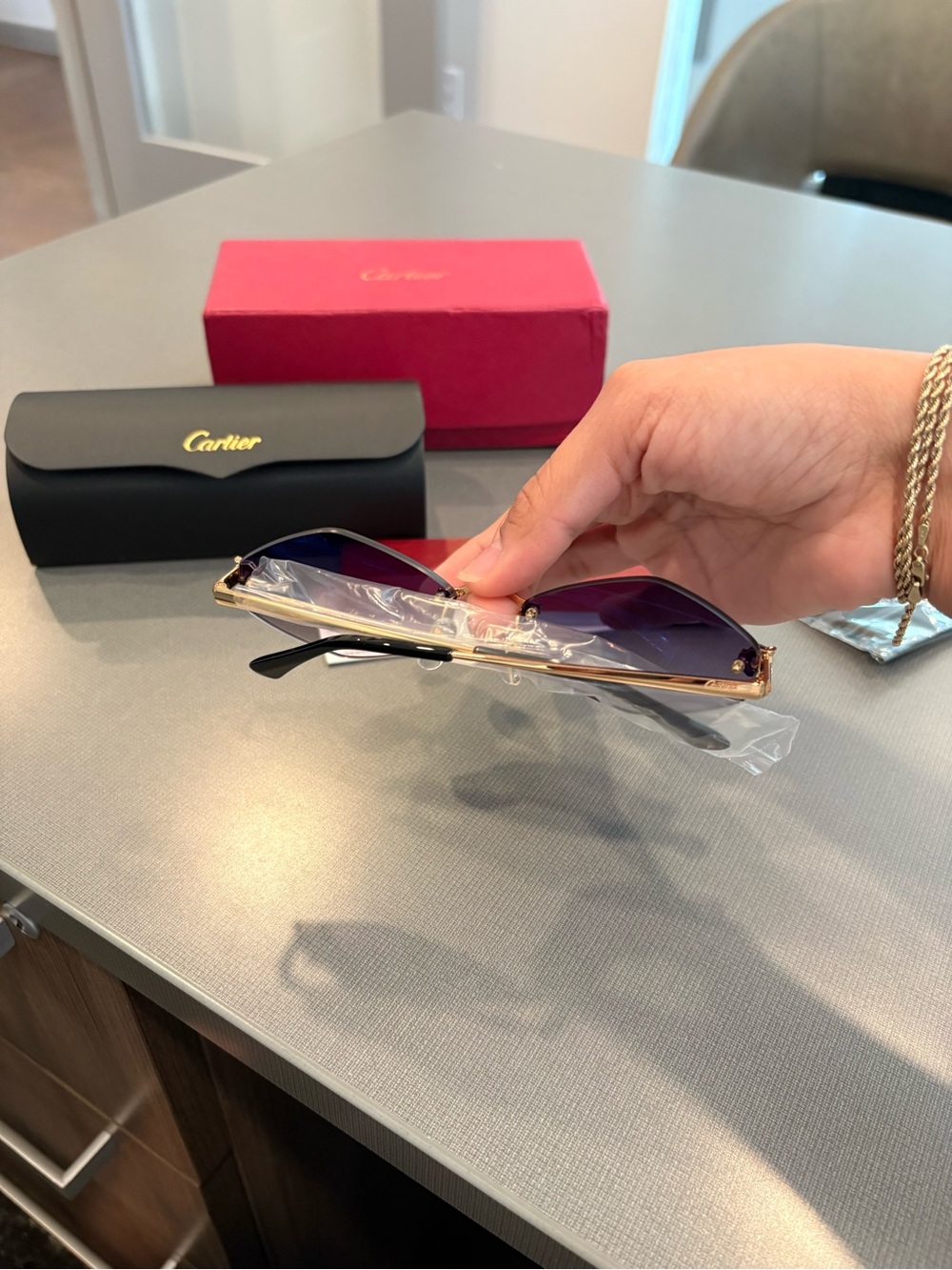 Cartier Women's Rimless Sunglasses - Gray Gradient Lenses with Gold Accents - Picture 3 of 4